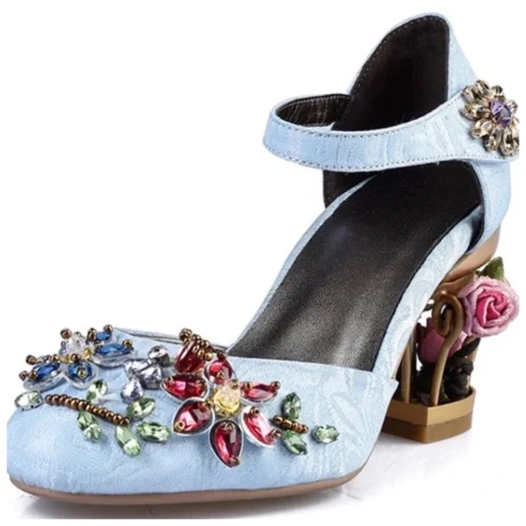 Handmade Blue Brocade Crystal Cage Shoes - Picture 5 of 9
